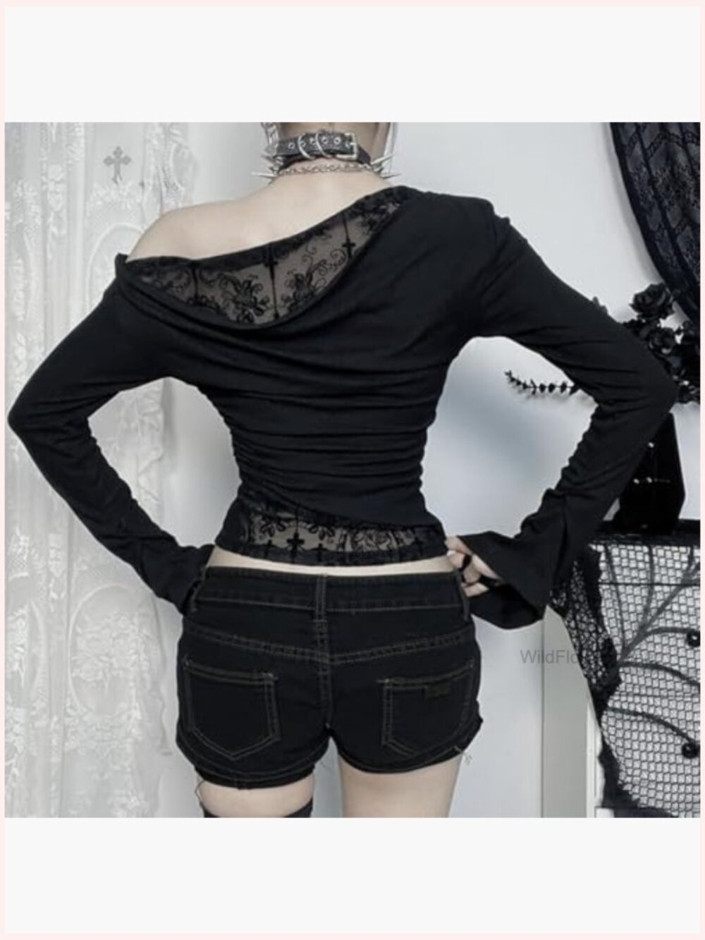 Off Shoulder Goth Crop Top Mesh Patchwork Long Sleeve Blouses Y2k Outfits - Picture 4 of 6